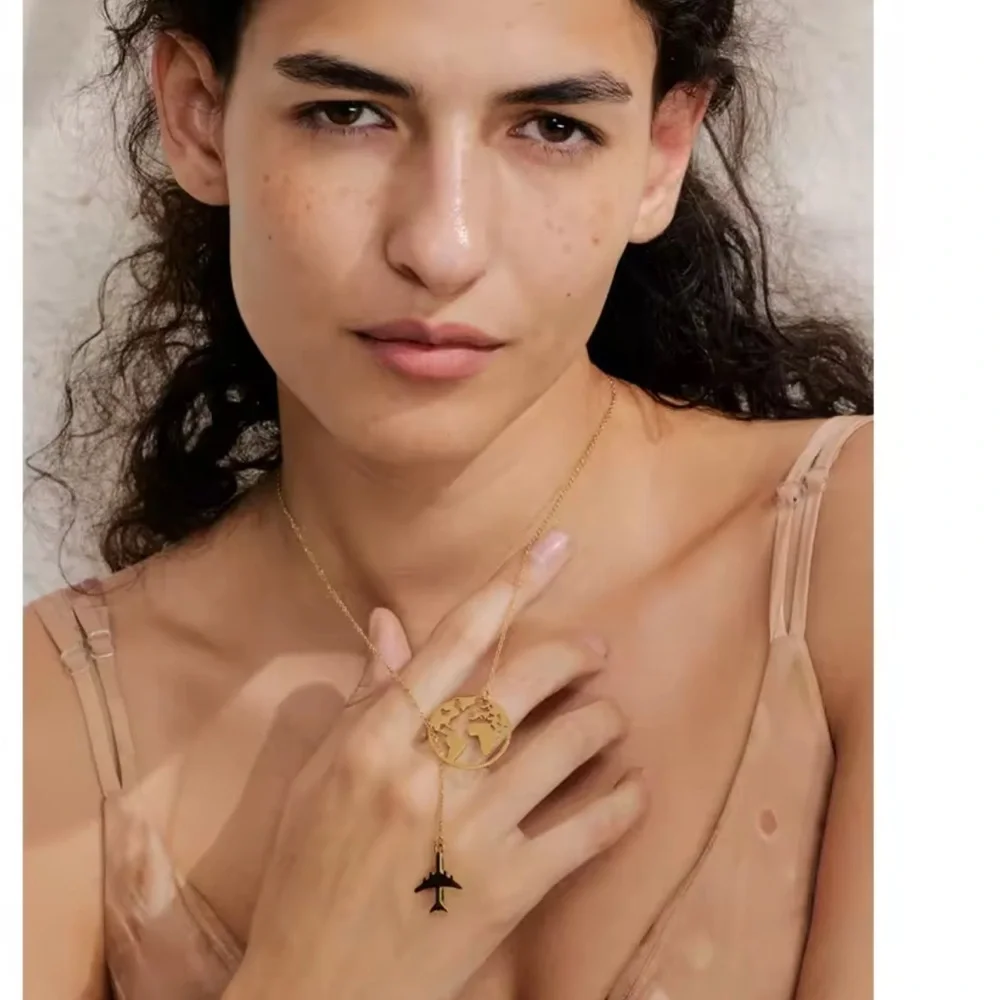 Traveller Airplane Gold World Map Necklace